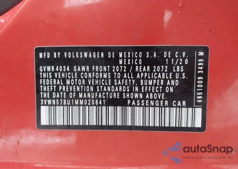 2021 Volkswagen Jetta 1.4T R-Line/1.4T S from USA, damaged, VIN 3VWN57BU1MM020841